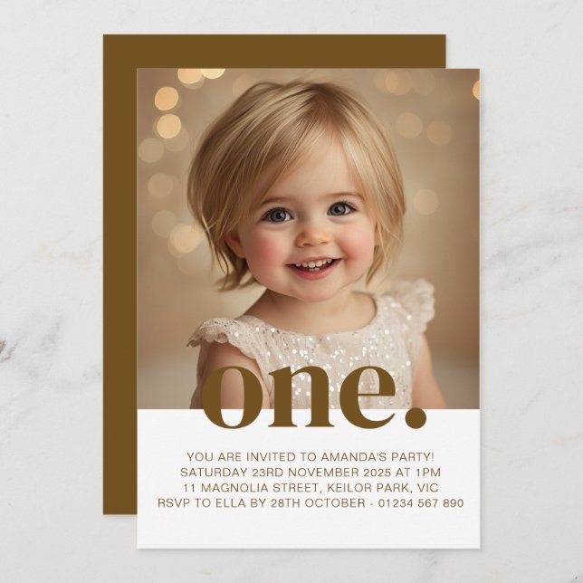 First Birthday Photo Invitation in Brown & White (Front/Back)