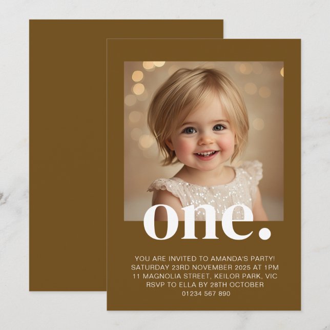 First Birthday Photo Invitation in Brown & White (Front/Back)