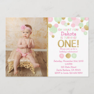 First Birthday Photo Invitation- Pink, Mint, Gold Invitation