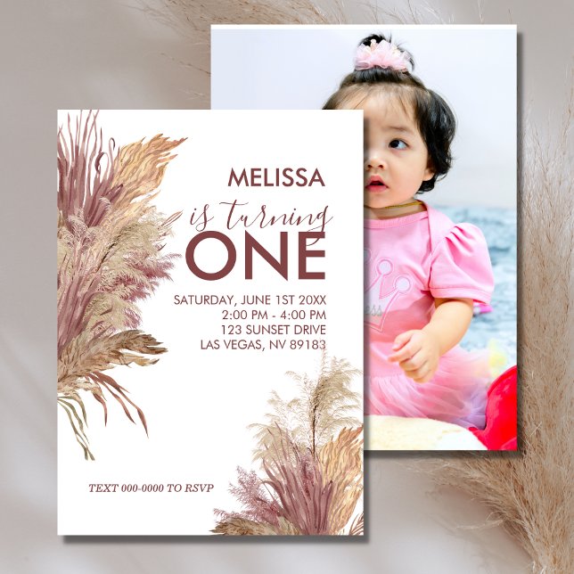 First Birthday Photo Pampas Elegance Mauve Pink Invitation (Creator Uploaded)