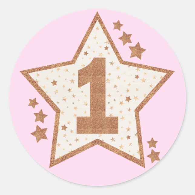 First Birthday Pink and Gold Star Classic Round Sticker (Front)