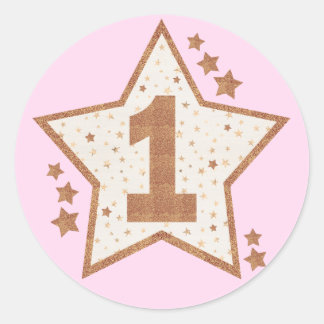 First Birthday Pink and Gold Star Classic Round Sticker
