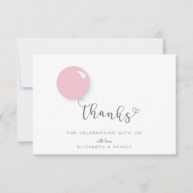 First Birthday Pink Balloon Thank You Card (Front)