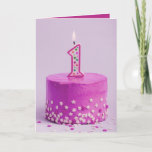 First Birthday Pink Cake and Candle  Card<br><div class="desc">A beautiful birthday greeting card features an pink cake with a number 1 candle and sprinkles on the front and your custom greeting - or use ours - on the inside. You can change the saying,  the fonts,  the colours,  add names and a signature line,  too!</div>