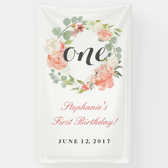 First Birthday Pink Floral Wreath One Banner (Vertical)