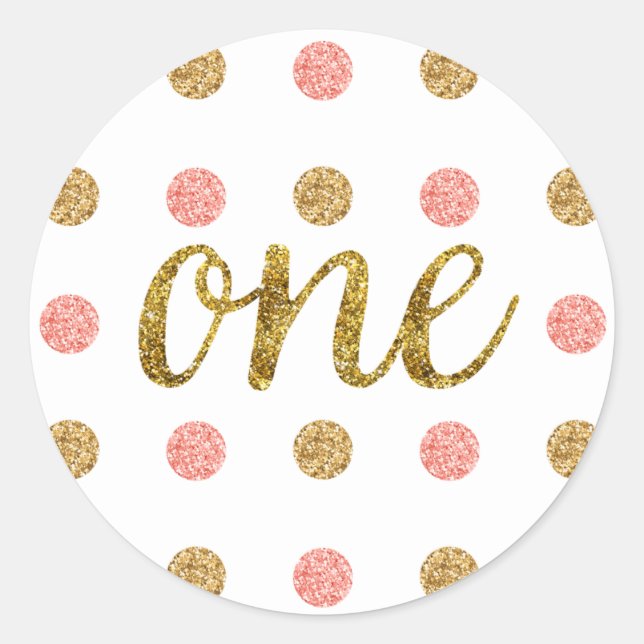 First Birthday Pink & Gold Glitter Script ONE, Classic Round Sticker (Front)
