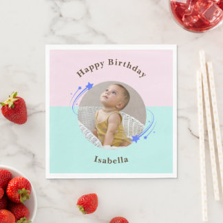 First Birthday Pink Green Shooting Star Napkin