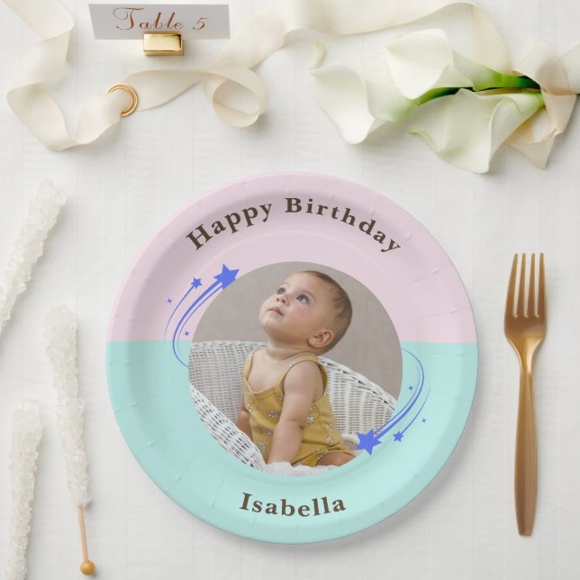 First Birthday Pink Green Shooting Star  Paper Plate (Wedding)