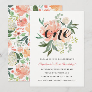 First Birthday Pink Peach Floral One Invitation