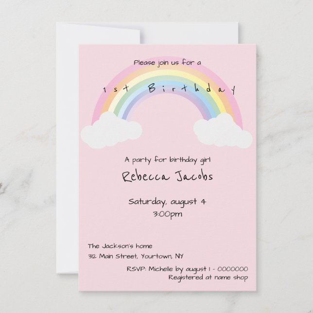 First birthday pink rainbow and clouds invitation (Front)