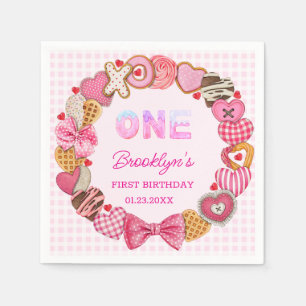 First Birthday Pink Rose Swirly Heart Valentine's  Napkin