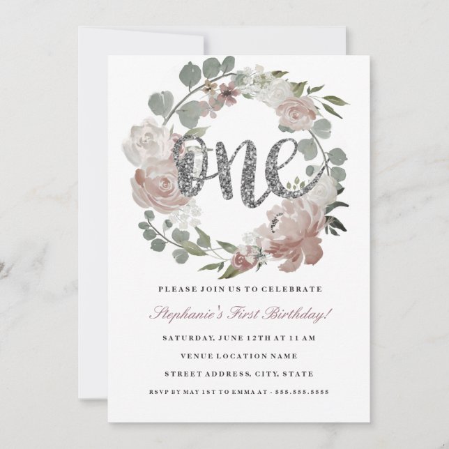 First Birthday Pink Silver Floral Wreath Invite (Front)