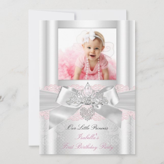First Birthday Pink White Lace Diamond Tiara 2 Invitation (Front)