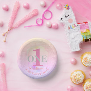 First Birthday Pretty Elegant Pink Custom Name 1st Paper Plate