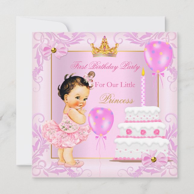 First Birthday Princess Tiara Girl Pink Brunette Invitation (Front)