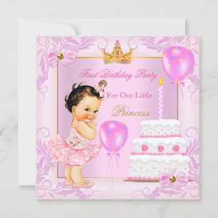 First Birthday Princess Tiara Girl Pink Brunette Invitation