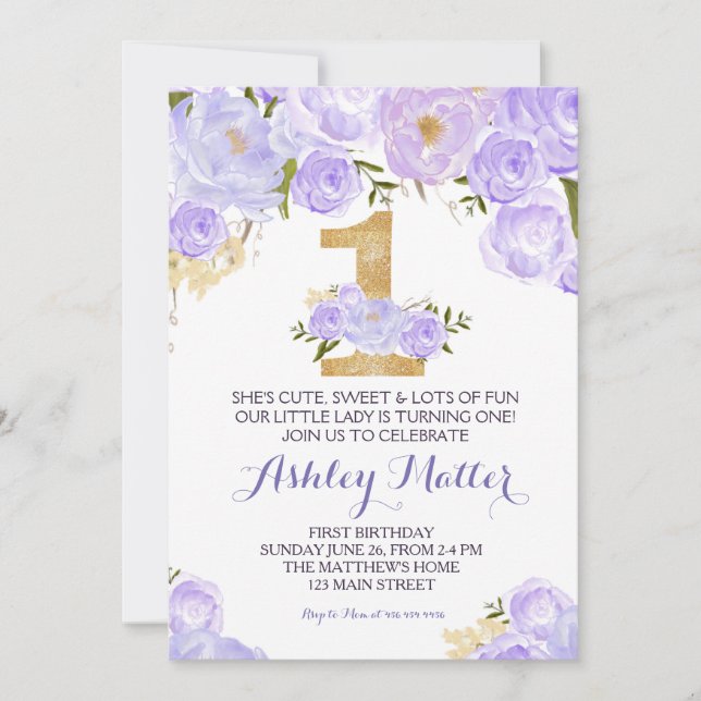 First birthday purple watercolor Floral Invitation (Front)