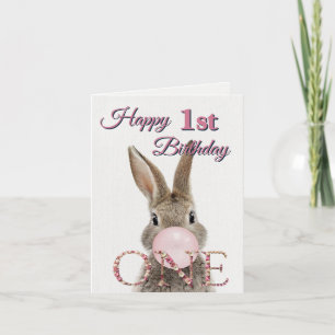 First Birthday Rabbit Blowing Pink Bubble gum Card