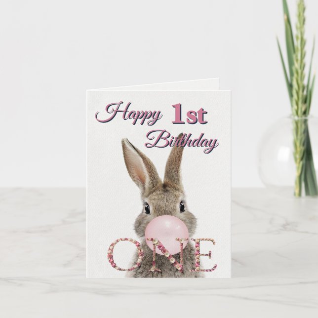 First Birthday Rabbit Blowing Pink Bubble gum   Card (Front)