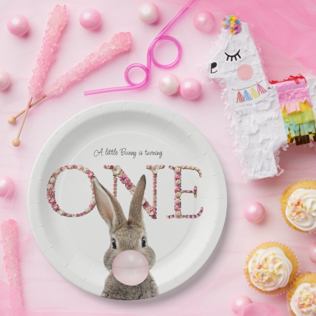 First Birthday Rabbit Blowing Pink Bubble gum   Paper Plate (Party)