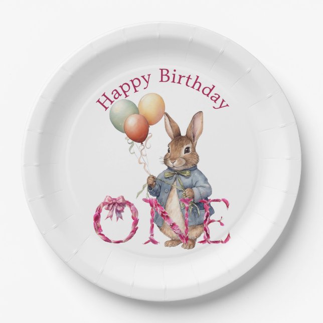 First Birthday Rabbit Colorful Balloons Paper Plate (Front)