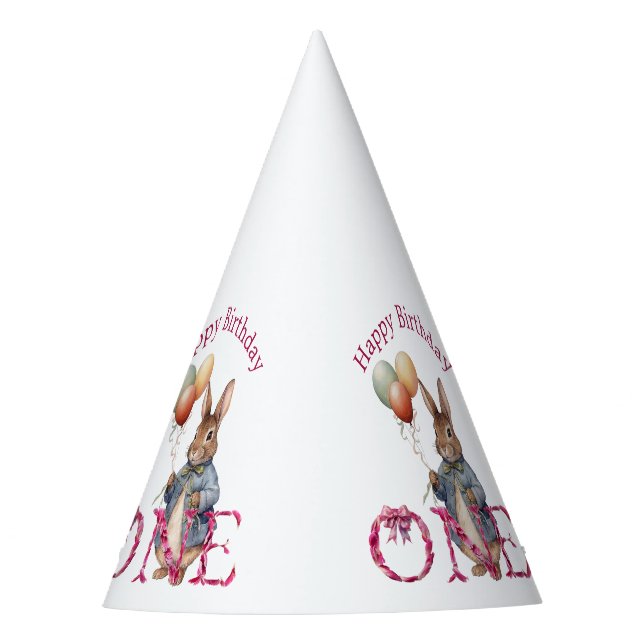 First Birthday Rabbit Colorful Balloons Party Hat (Front)