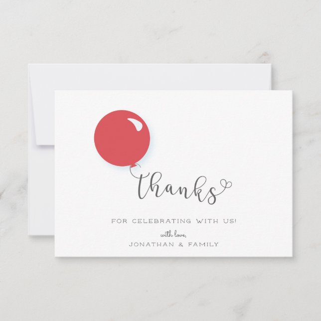 First Birthday Red Balloon Thank You Card (Front)