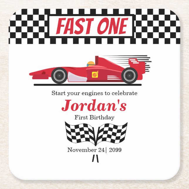 First Birthday Red Race Car Fast One  Square Paper Coaster (Front)