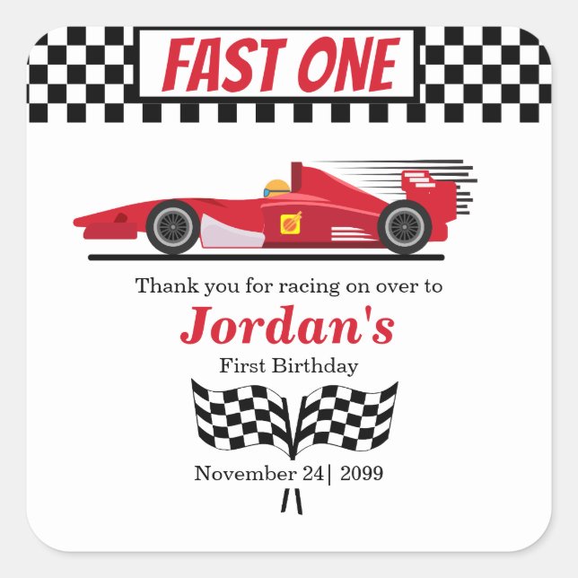 First Birthday Red Race Car Fast One  Square Sticker (Front)