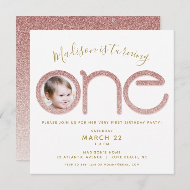 First Birthday Rose Gold Glitter Photo Invitation (Front/Back)