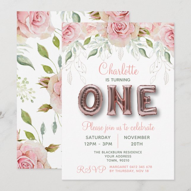 First Birthday Rose Gold Pink Balloon Invitation (Front/Back)