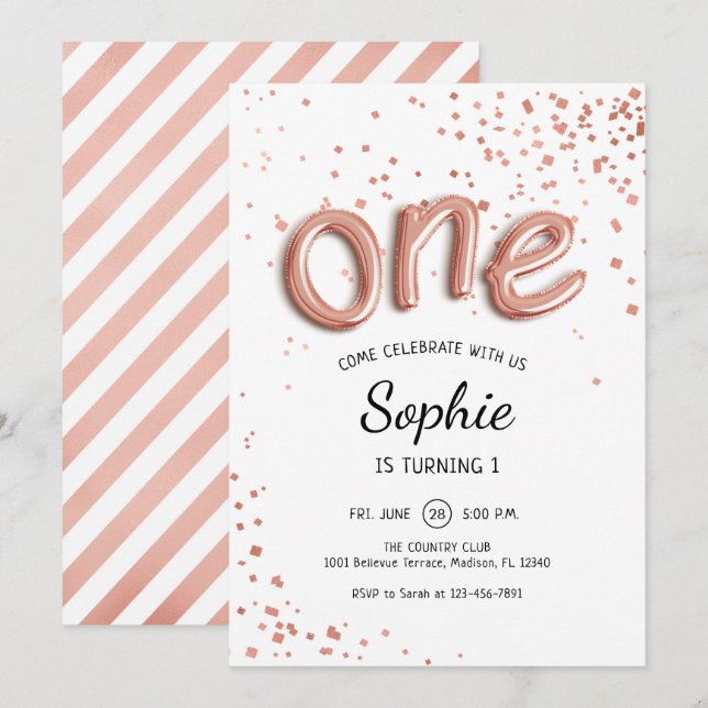 First Birthday - Rose Gold White Invitation (Front/Back)