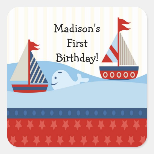 First Birthday Sailboat Square Sticker (Front)