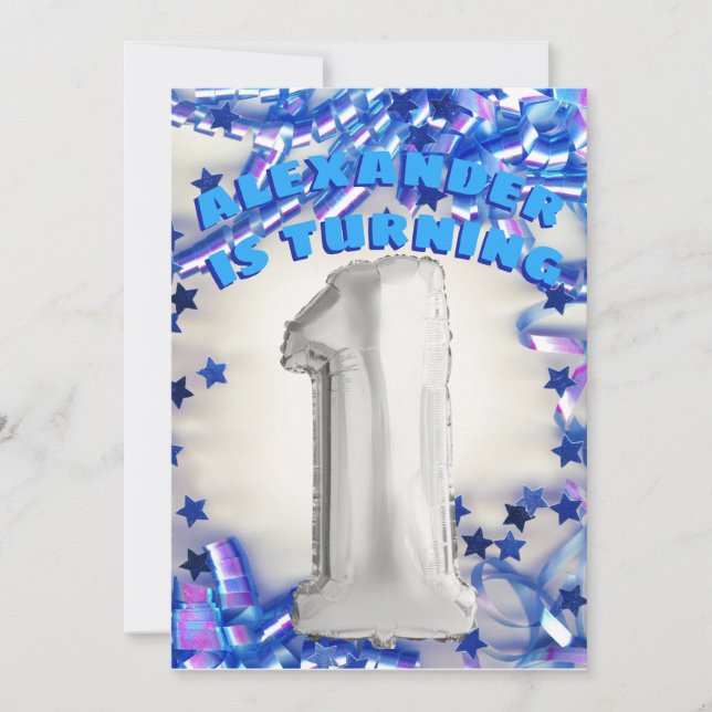 First Birthday Silver and Blue Age 1 Boys Party Invitation (Front)