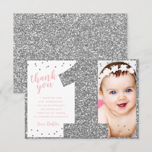 First Birthday Silver and Pink  Thank You Card (Front/Back)