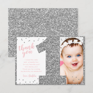 First Birthday Silver and Pink Thank You Card