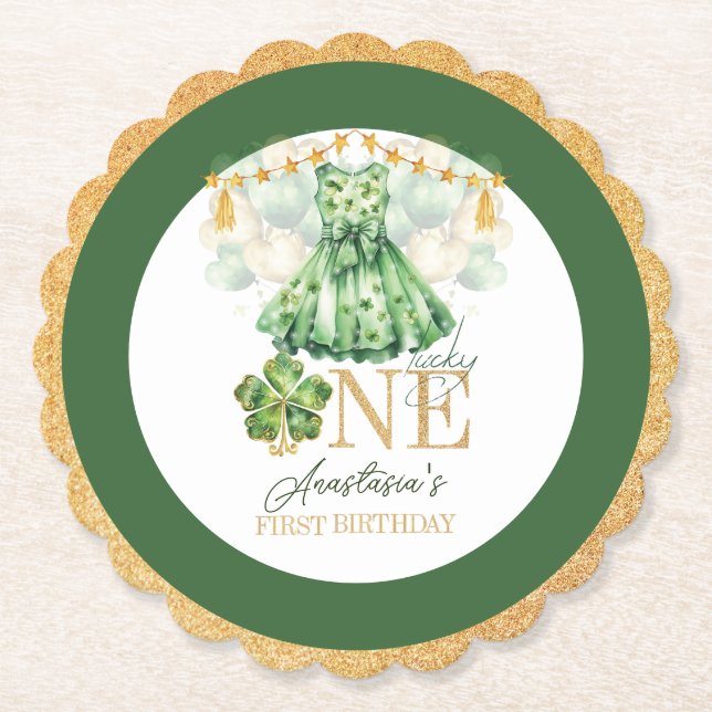 First Birthday St Patrick's Day Personalized Paper Coaster (Front)