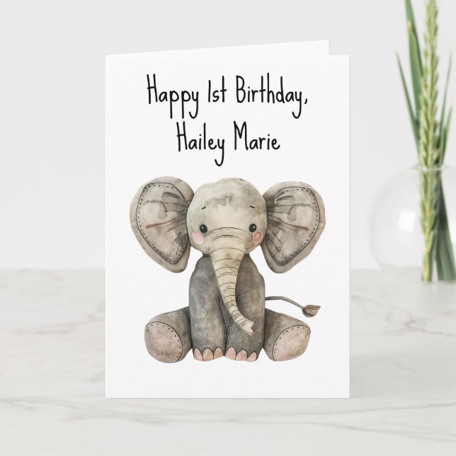 First Birthday Stuffed Elephant Personalized Card (Front)