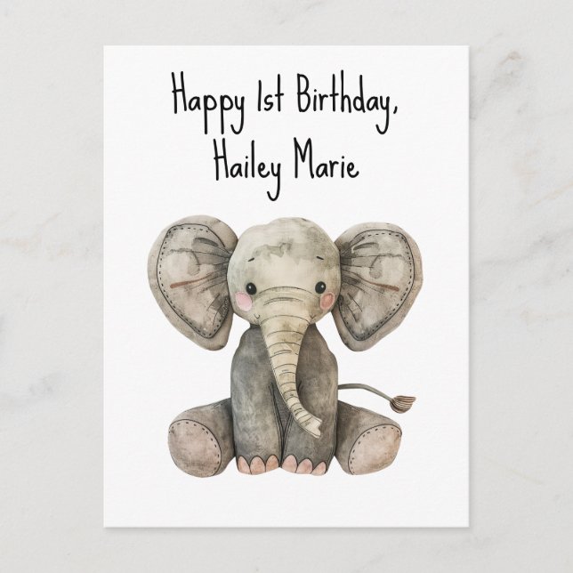 First Birthday Stuffed Elephant Personalized Postcard (Front)