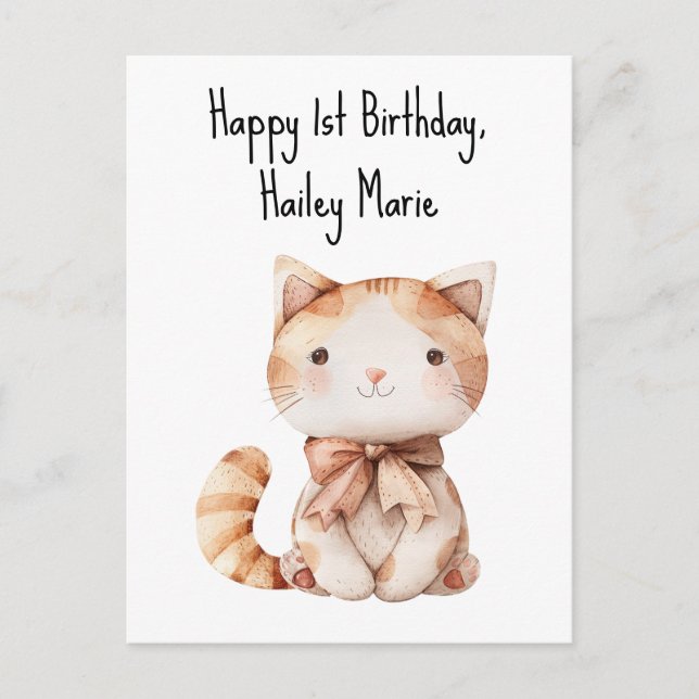 First Birthday Stuffed Toy Cat Personalized Postcard (Front)