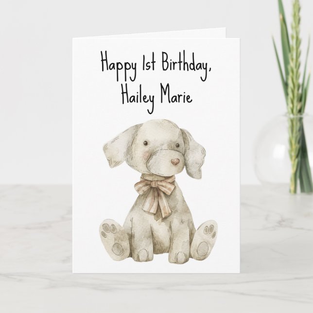 First Birthday Stuffed Toy Dog Personalized Card (Front)