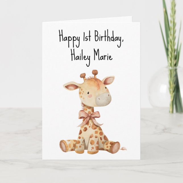 First Birthday Stuffed Toy Giraffe Personalized Thank You Card (Front)
