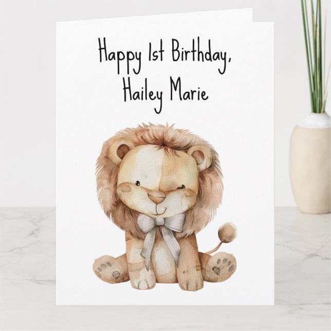 First Birthday Stuffed Toy Lion Personalized Card (Front)