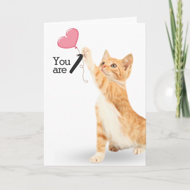 First Birthday Tabby Cat with Heart Balloon Card (Front)