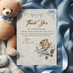 First Birthday Teddy Bear Airplane Blue Gingham  Thank You Card