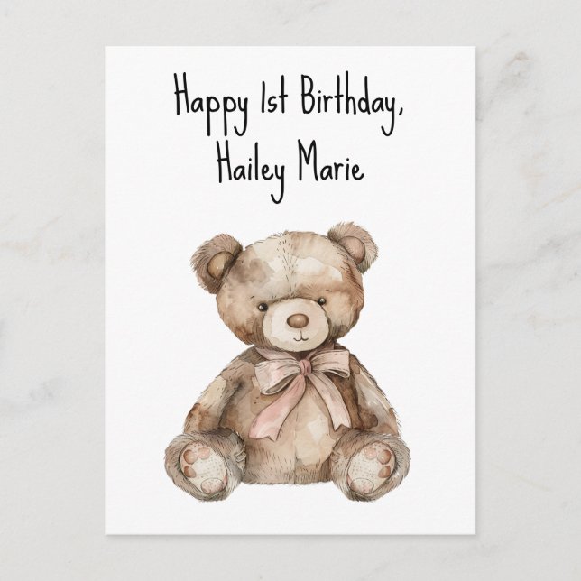 First Birthday Teddy Bear Personalized Postcard (Front)