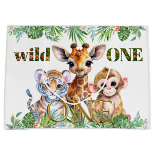 First Birthday Tiger Giraffe Monkey Wild One Large Gift Bag