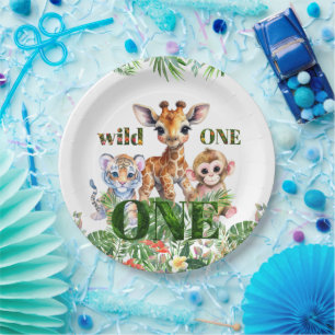 First Birthday Tiger Giraffe Monkey Wild One Paper Plate