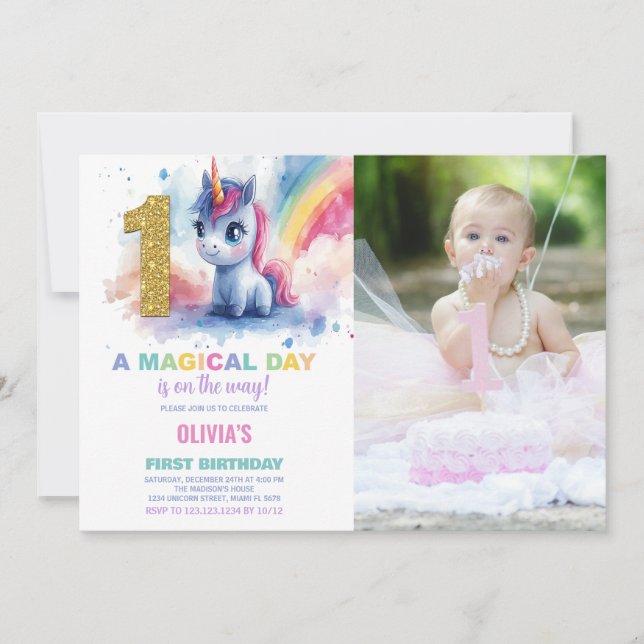 First Birthday Unicorn Birthday Invitations photo (Front)