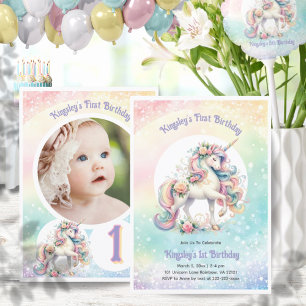 First Birthday Unicorn Photo Rainbow Pastel Party Invitation